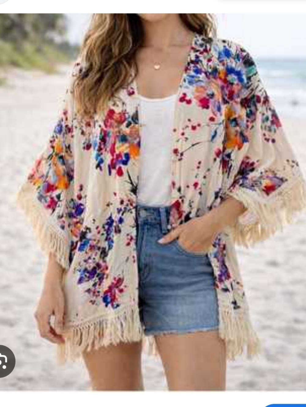 Umgee White Floral Kimono with Fringe - Orange, Blue, Purple, Pink 1XL